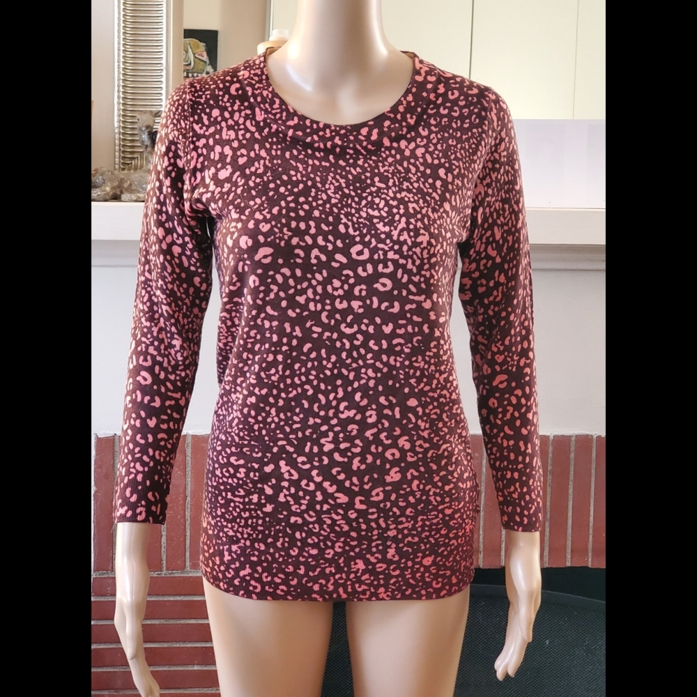 J Crew Merino Wool Pink Leopard Print Crew Neck Sweater